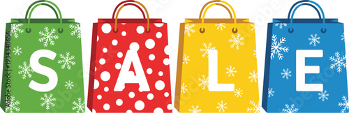 Holiday Sale Shopping Bag Set with Colorful Winter Gift Bags, Christmas Snowflake Patterns, and Seasonal Retail Promotion Graphics.