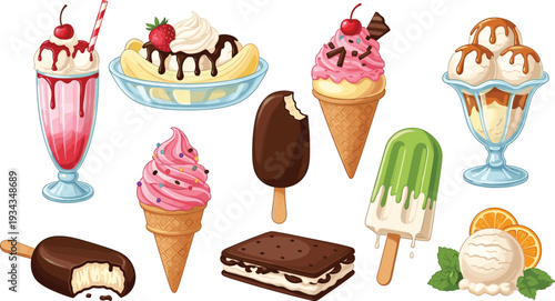 Sweet Ice Cream Desserts Set with Sundae, Popsicle, Cone, Milkshake and Sandwich Colorful Cartoon Vector Illustration Collection