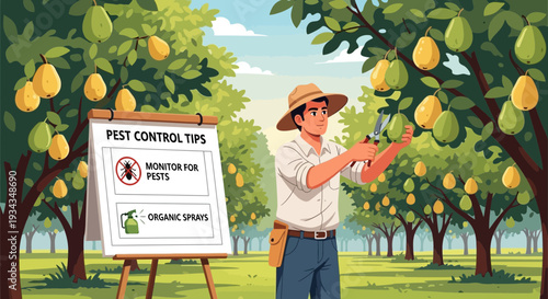 Farmer inspecting fruit trees for pests and diseases.