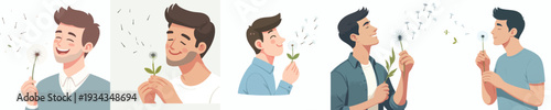 half body vector of a man blowing dandelion flowers in spring