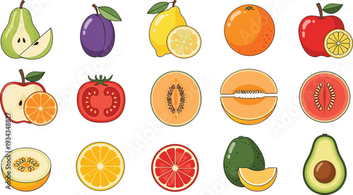 Fresh Fruits Collection with Apple, Orange, Lemon, Pear, Melon, Avocado and Citrus Slices Colorful Vector Illustration Set