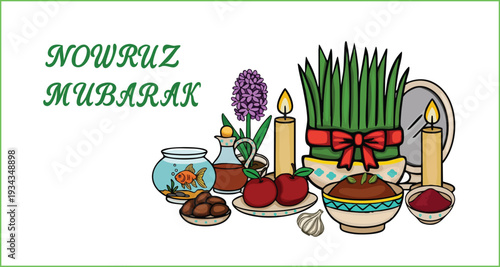 Nowruz mubarak greeting card illustration with haftseen table elements for persian new year celebration