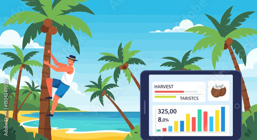 Man climbing coconut tree with tablet showing financial data.