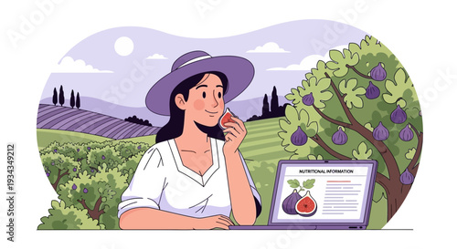 Woman enjoying fresh fig with laptop in orchard.