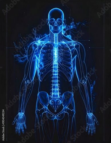 Blue X-Ray of Human Skeleton and Nervous System.