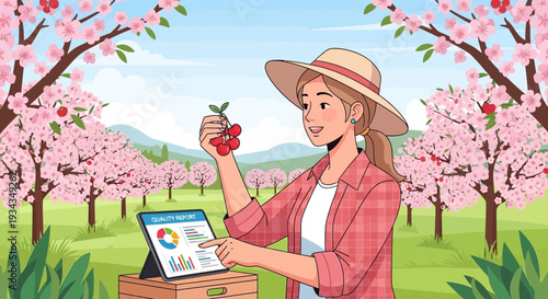 Woman Farmer Inspecting Apple with Digital Tablet in Orchard.