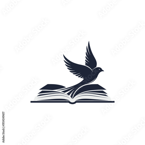 A stylized dark silhouette of a bird with spread wings flying out of an open book, symbolizing freedom, knowledge, and inspiration.