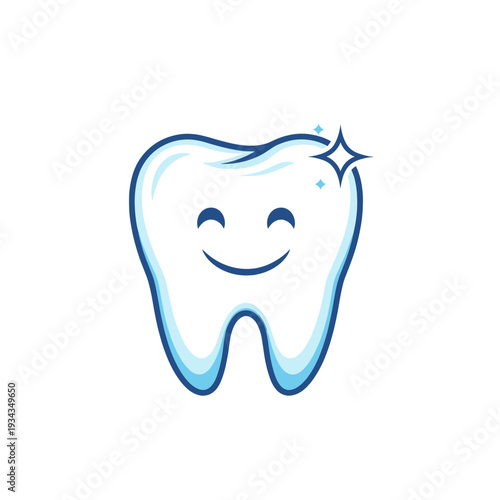 A happy, clean, and sparkling cartoon tooth with a blue outline and a friendly smile.