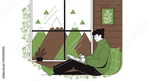 Person Drawing Mountains from Cozy Window Seat