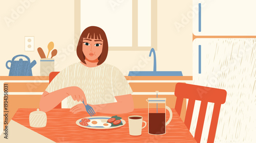 Young woman eating breakfast in the kitchen, girl having morning meal at the table, cozy domestic interior with food and coffee