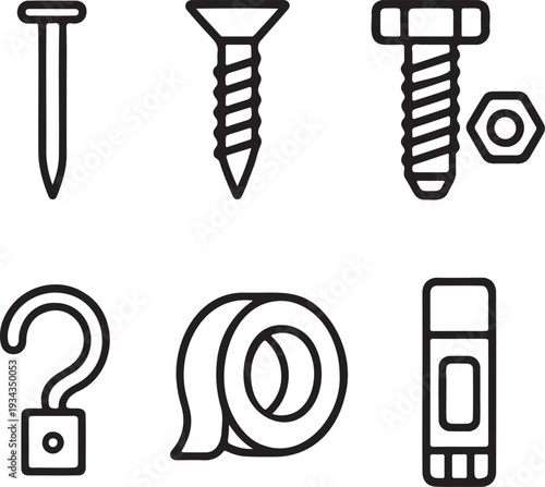 Hardware fasteners icon set. for construction, repair and building applications