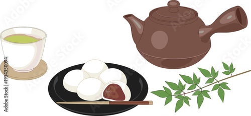 Traditional Japanese Green Tea and Daifuku Set with Ceramic Teapot, Matcha Cup, Mochi Rice Cakes, and Decorative Bamboo Leaves.