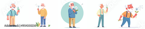vector of a grandpa blowing dandelion flowers in spring