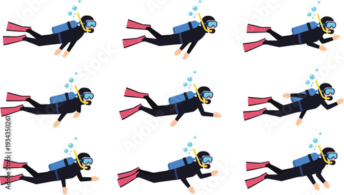 Scuba diver silhouettes set featuring underwater swimming poses isolated on white background diving sport vector illustration collection