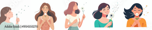 half body vector of a woman blowing dandelion flowers in spring