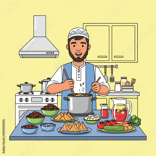 Man cooking food in a kitchen with various dishes on the counter
