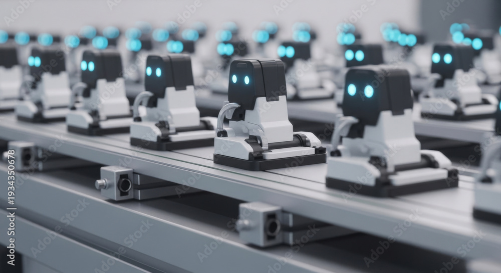 Obraz premium Futuristic Assembly Line Featuring Multiple Small Robots with Glowing Blue Eyes, Showcasing Modern Automation Technology