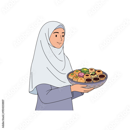 Woman wearing hijab presenting a plate of assorted sweet and savory pastries