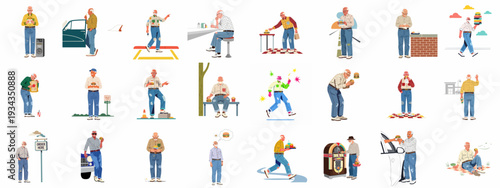 Elderly man's fast food journey: diverse illustrations of a senior enjoying burgers, fries, and quick meals in various daily life settings.