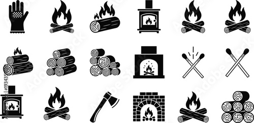 Firewood and Fireplace Icon Set with Burning Logs, Campfire Silhouettes, Wood Stove, Axe, Matches, and Winter Heating Vector Art.