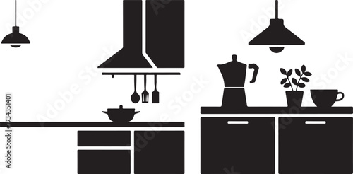 A minimalist modern kitchen silhouette showcasing cabinets, a range hood, cooking utensils, and a coffee maker