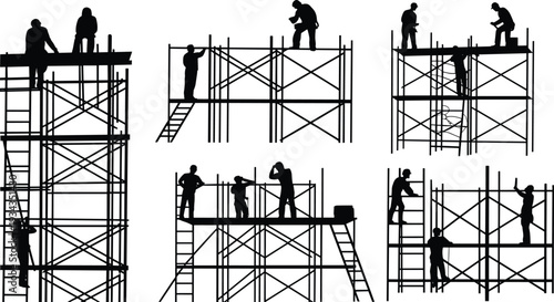Construction workers on scaffolding silhouettes set, builders climbing ladders and working at height on building framework, industrial structure vector illustration collection