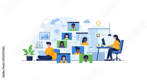 Remote Team Video Conference and Online Collaboration. Diverse people working from home, connecting virtually for meetings and projects.