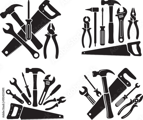 Assortment of common household and workshop hand tools displayed as solid black silhouettes in varied compositions