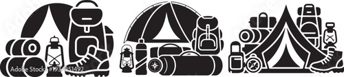 Arrangements of various camping and outdoor adventure equipment silhouettes including tents backpacks and lanterns