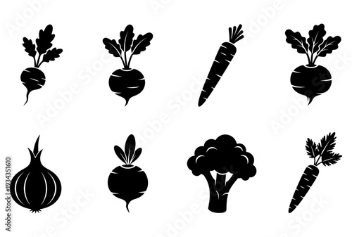 Collection of vegetable silhouettes including roots and greens arranged neatly