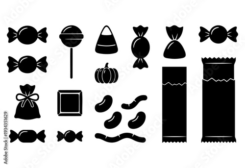 Collection of black candies and sweets illustrations on white background viewed from front