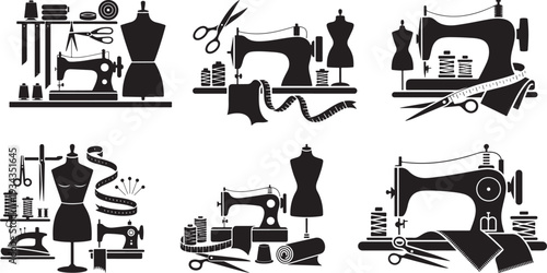 Collection of tailoring and sewing workshop equipment silhouettes featuring machines mannequins and crafting tools
