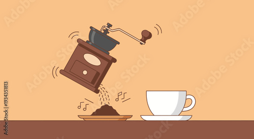 Coffee grinder dispensing ground coffee with cup ready for brewing on the table