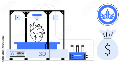 Medical technology, financial investment, scientific research, healthcare solutions, innovation, bioprinting. 3D printer creating a heart. Medical technology and financial investment concept