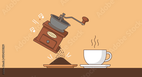 Coffee grinder illustration freshly ground coffee and steaming cup