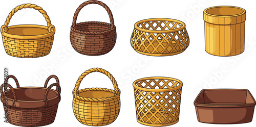 Set of Woven Wicker and Wooden Baskets Collection Isolated on White Background, Handcrafted Storage Containers in Rustic Traditional Style Illustration