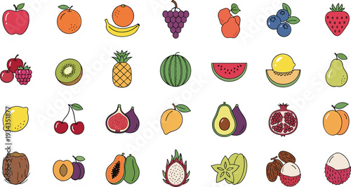 Vibrant fruit icons for healthy lifestyle and nutrition concepts