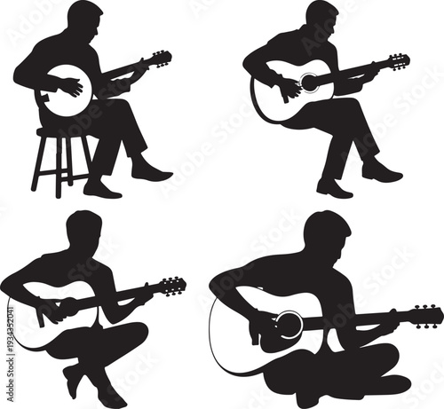 Four male musicians in silhouette playing acoustic guitars in various seated and squatting positions