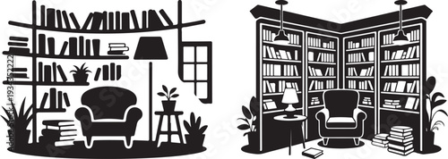 Two cozy reading nook silhouettes featuring bookshelves filled with books, comfortable armchairs, and lamps