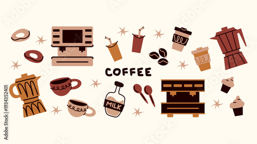 Retro Coffee Illustration Set with Espresso Machine, Moka Pot and Café Icons for Branding Design
