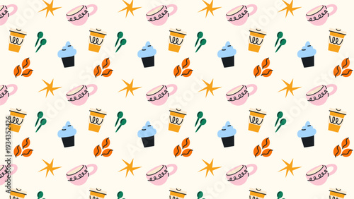 Pastel Coffee Seamless Pattern with Cute Cups, Beans and Stars in Playful Scandinavian Style