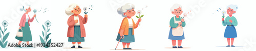 vector of a grandma blowing dandelion flowers in spring