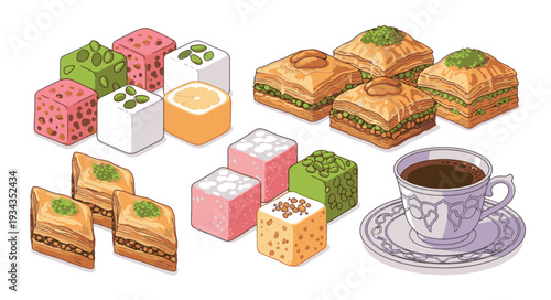 Assorted turkish delights  barlava, lokum , sweets and pastries with cup of coffee on decorative plate  , local flavor 