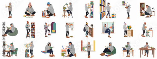 Diverse illustrations of a young woman engaged in various study, reading, and learning activities, highlighting academic pursuit, personal development, and intellectual curiosity.