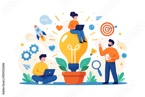 Teamwork and innovation concept with people collaborating around a giant light bulb