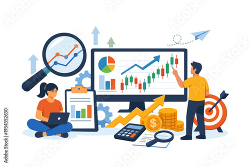 Data analysis and business growth illustration with charts and graphs