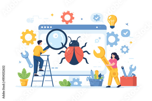 Software debugging concept with people fixing a bug on a computer screen
