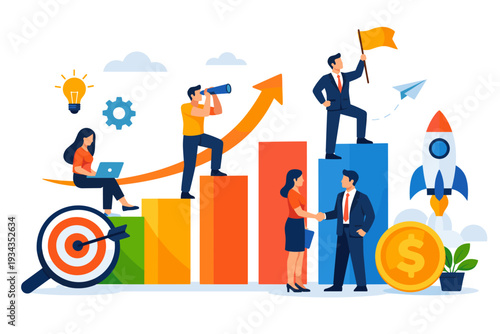 Business growth and success illustrated with diverse team achieving goals and celebrating victory