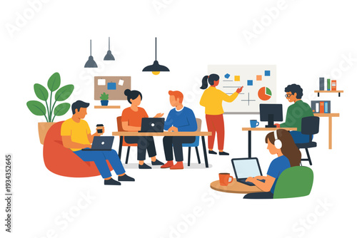 Diverse team collaborating in a modern, open-plan office space with laptops and charts