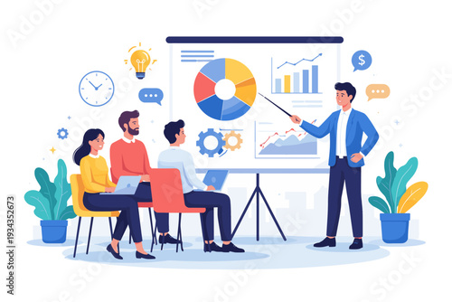 Business presentation with charts and graphs, team meeting and discussion